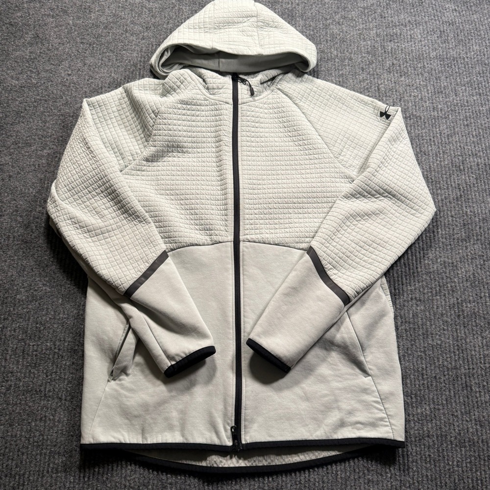 Under Armour Full Zip Hoodie Mens Small Grey Quilted Grid Fleece Jacket